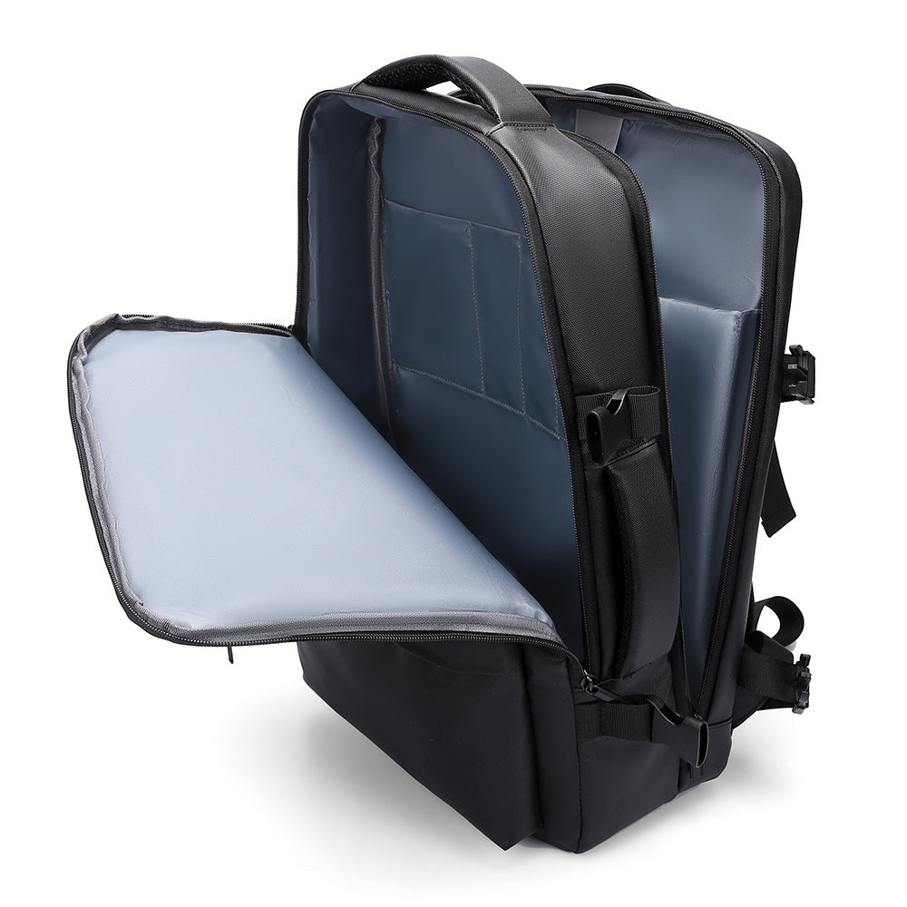 Black backpack with a clear front pocket on a white background