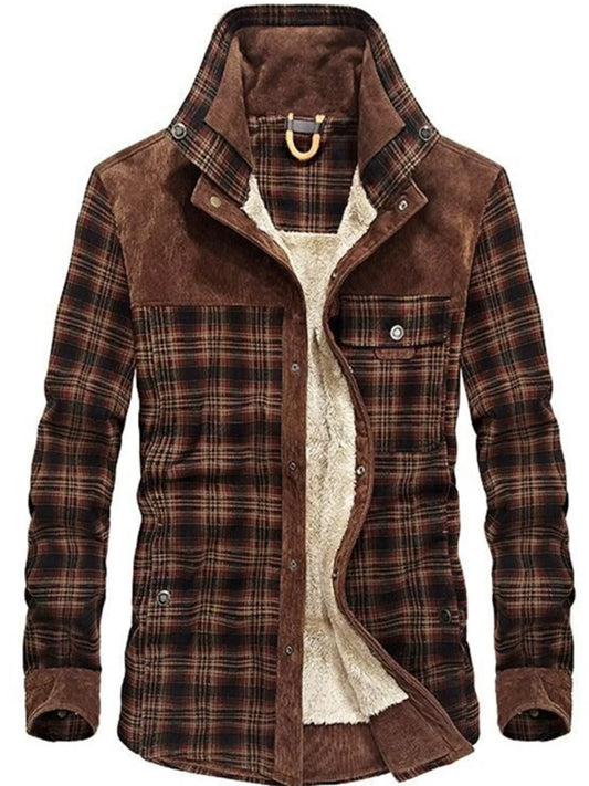 Brown plaid jacket with sherpa lining on a white background