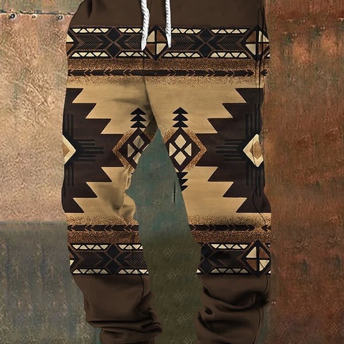 Brown sweatpants with geometric pattern on a textured surface