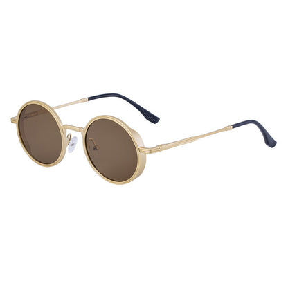 Gold-framed sunglasses with brown lenses on a white background