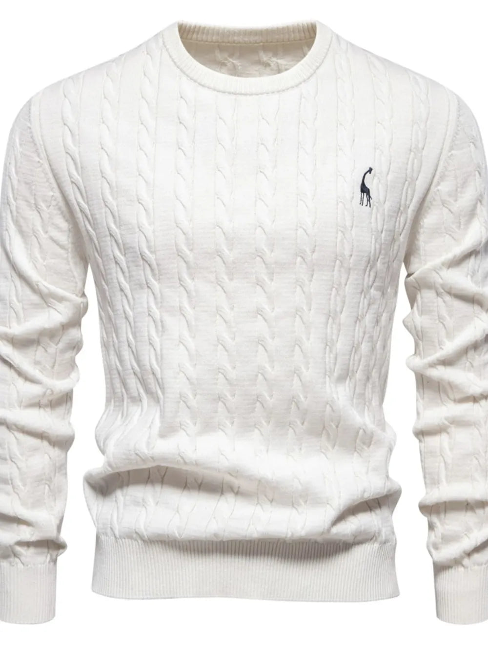 White cable knit sweater with a small logo on a white background