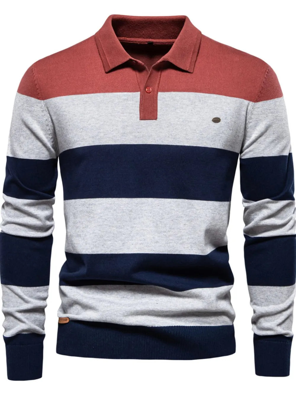 Long-sleeve polo shirt with red, gray, and navy stripes on a white background