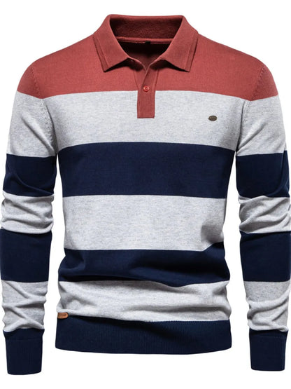 Long-sleeve polo shirt with red, gray, and navy stripes on a white background