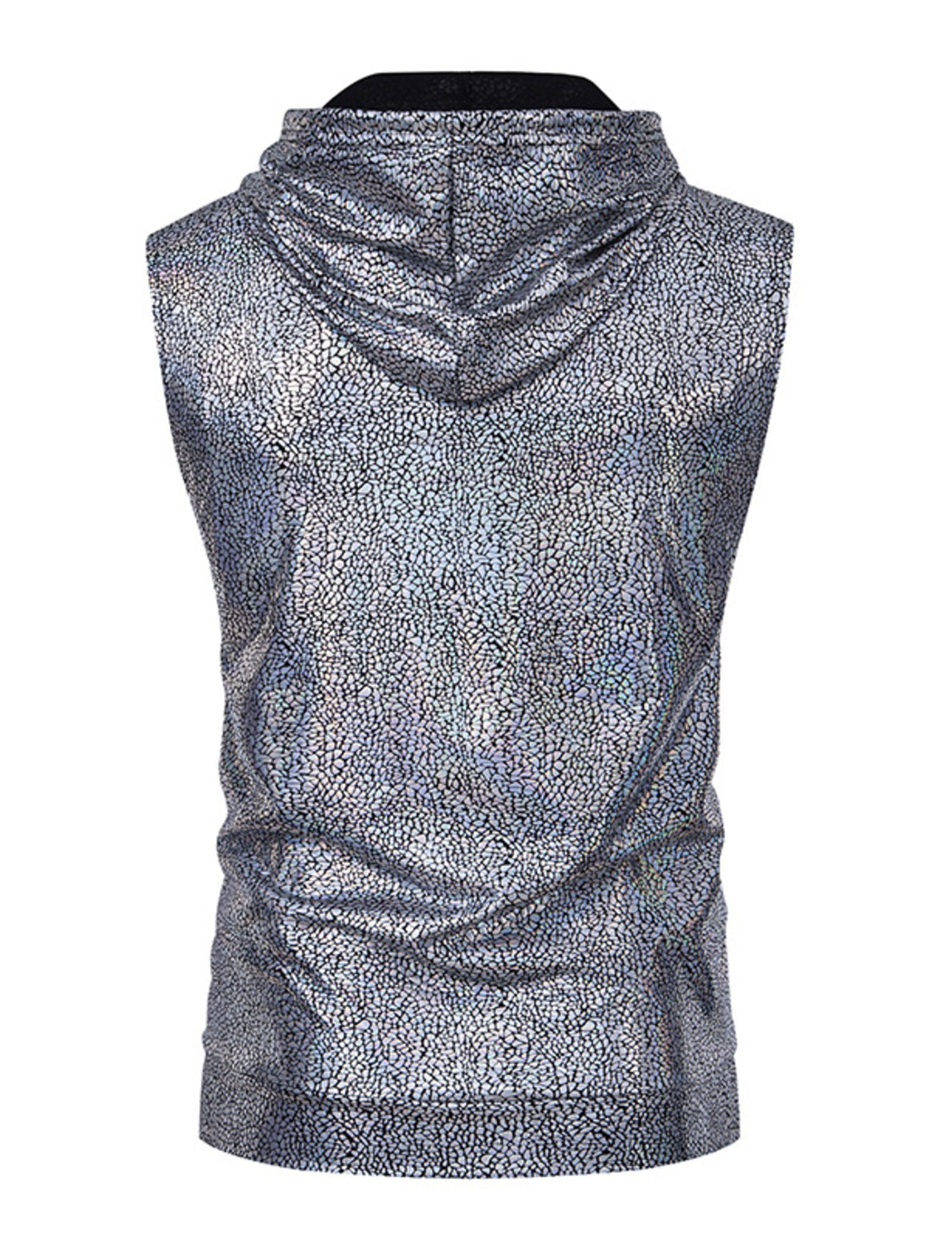 Silver sleeveless hoodie with a pattern on a white background