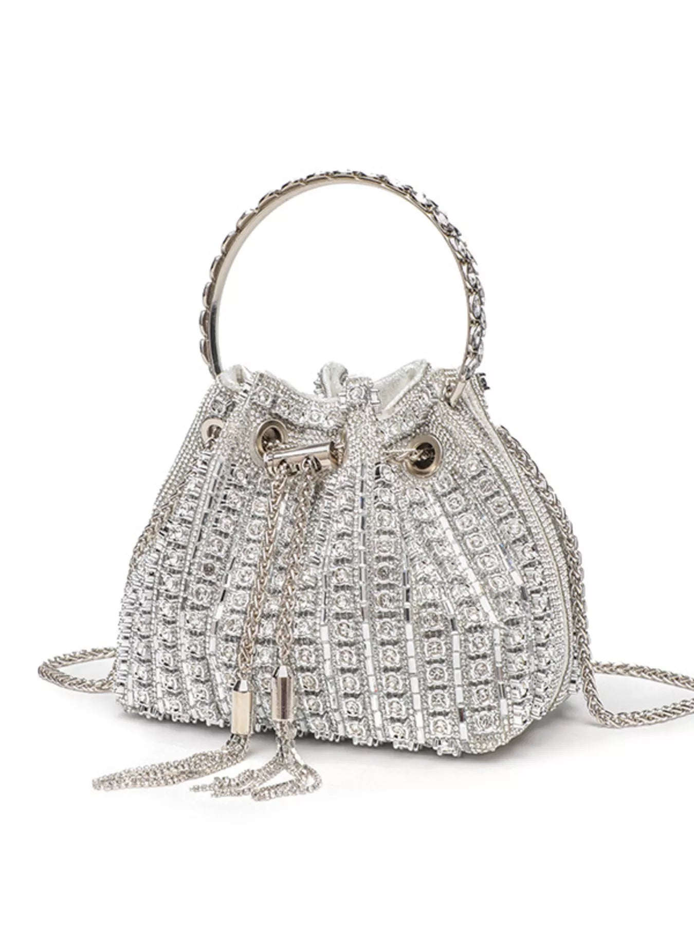 Silver embellished handbag with chain strap on a white background
