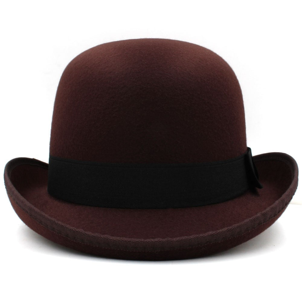 Brown bowler hat with a black band on a white background