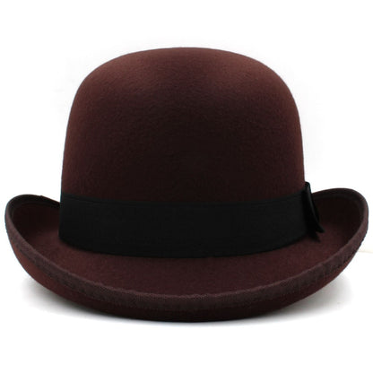 Brown bowler hat with a black band on a white background