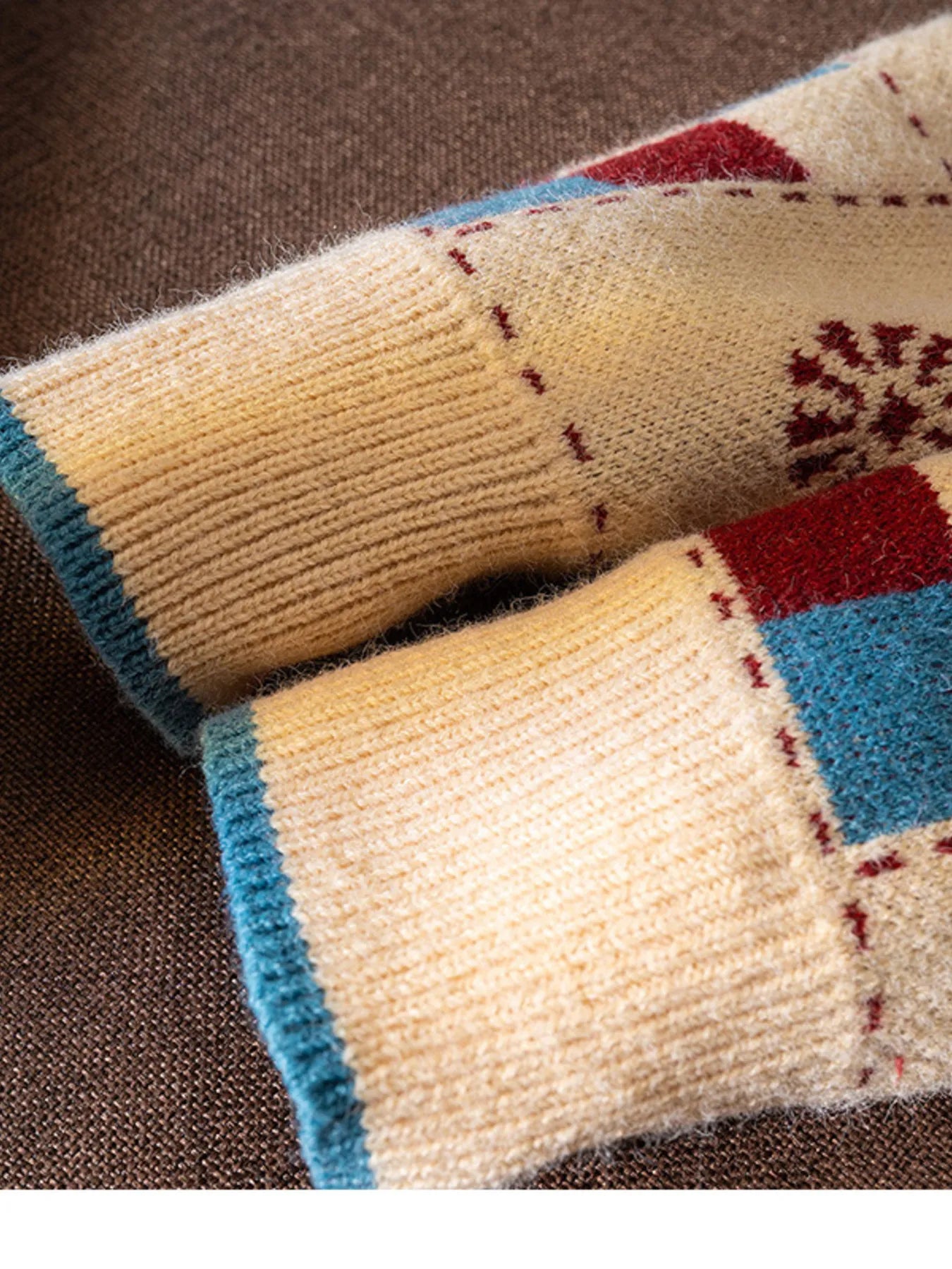 Close-up of a textured fabric with geometric pattern on a brown background