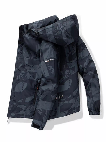 Dark camouflage jacket with brand logo on a white background