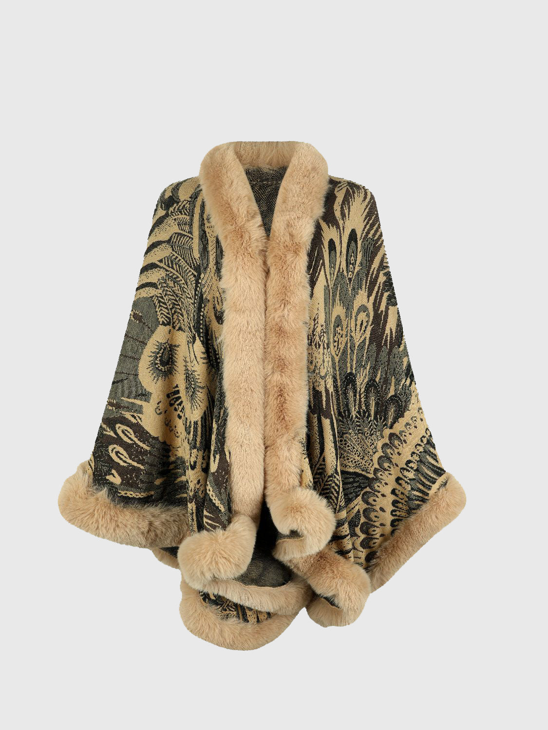 Patterned coat with fur trim on a light gray background