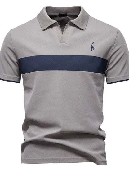 Gray polo shirt with a navy stripe and logo on a white background