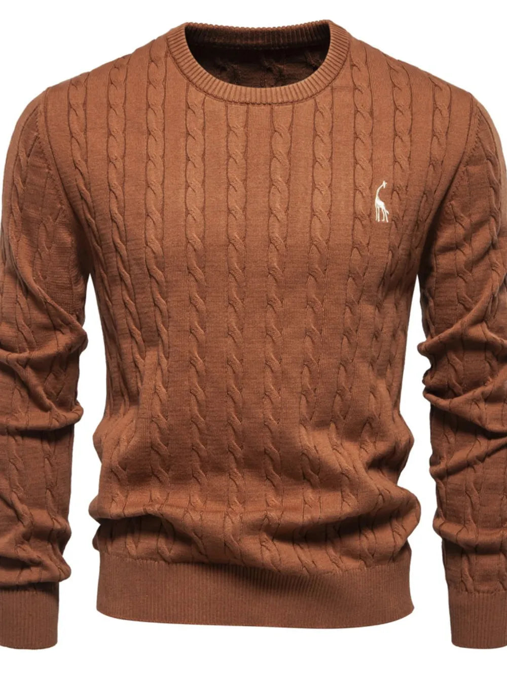 Brown cable knit sweater with a small logo on a white background
