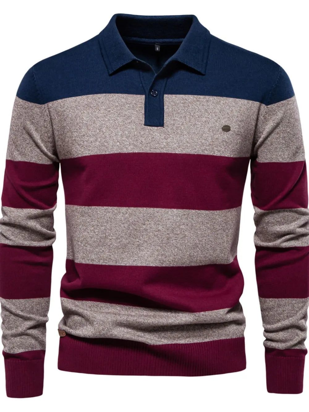 Long-sleeve polo shirt with horizontal stripes in navy, gray, and burgundy on a white background.