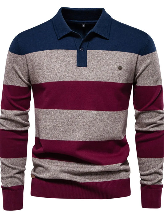 Long-sleeve polo shirt with horizontal stripes in navy, gray, and burgundy on a white background.
