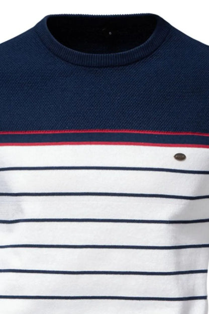 Navy and white striped sweater with a red stripe and button detail on a white background