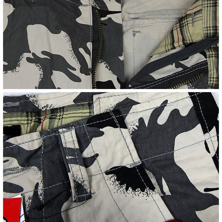 Close-up of camouflage and plaid fabric patterns on a jacket.