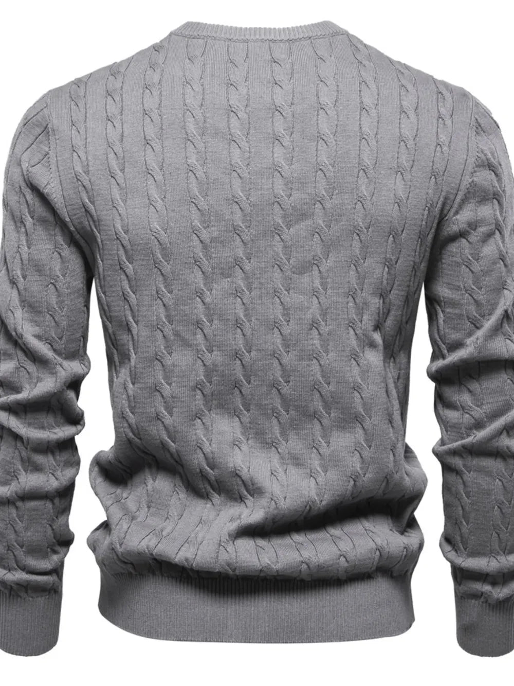 Gray cable knit sweater on a white background