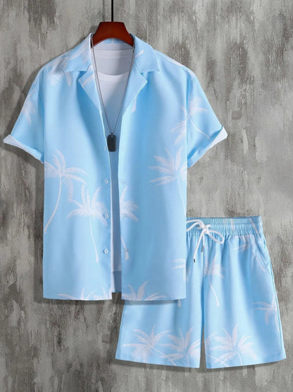 Light blue shirt and shorts set with palm tree pattern on a gray textured background