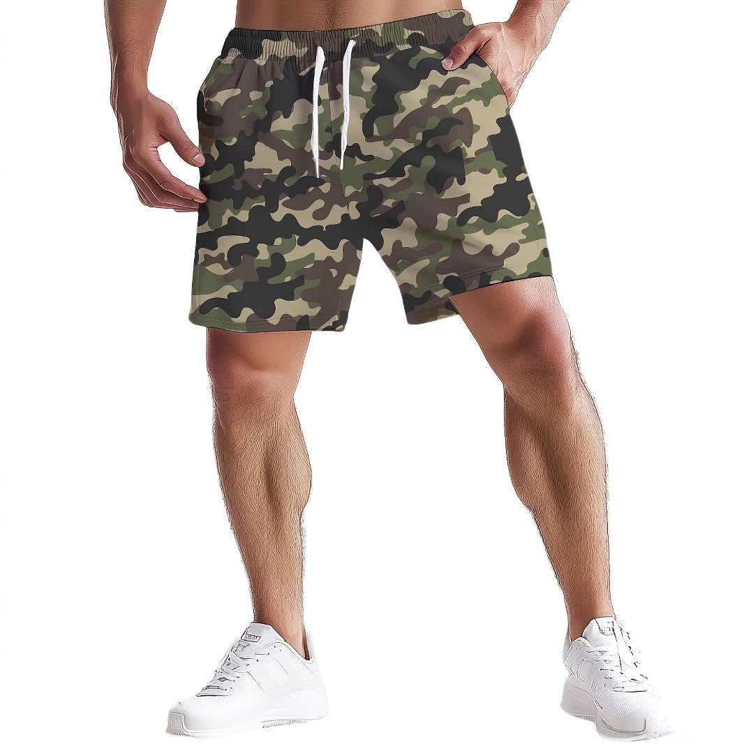 Camouflage shorts worn by a person on a white background