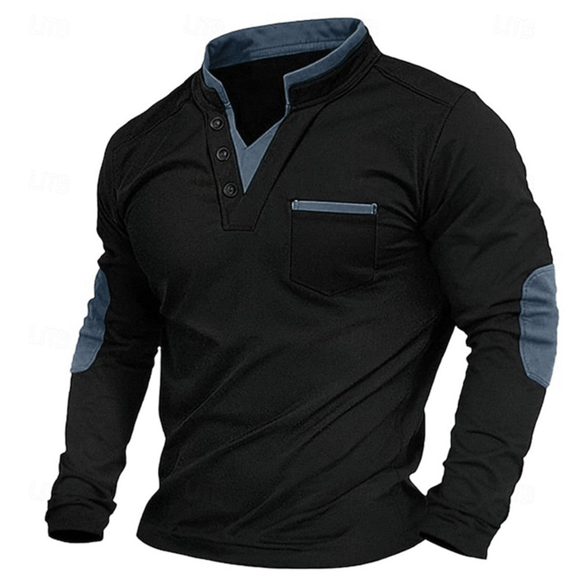 Black long-sleeve shirt with green accents on a white background