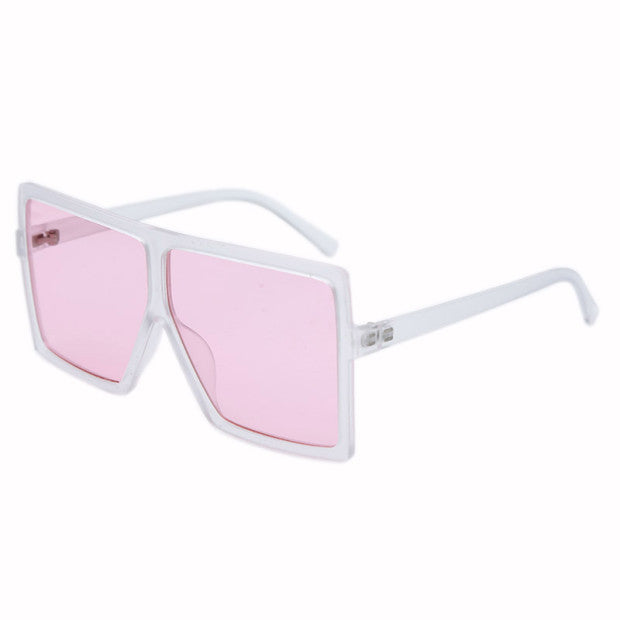 Sunglasses with white frame and pink lenses on a white background