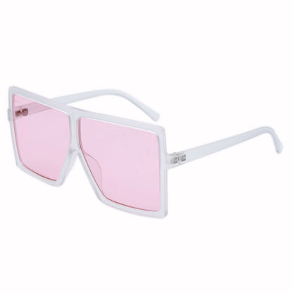 Sunglasses with white frame and pink lenses on a white background
