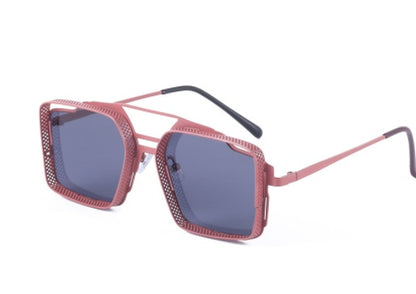 Sunglasses with a pink frame and dark lenses on a white background