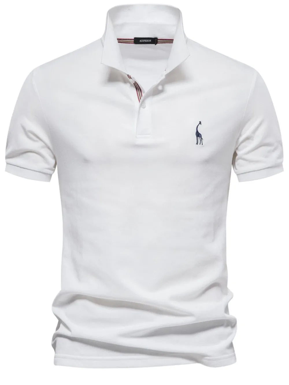 White polo shirt with a small logo on a white background