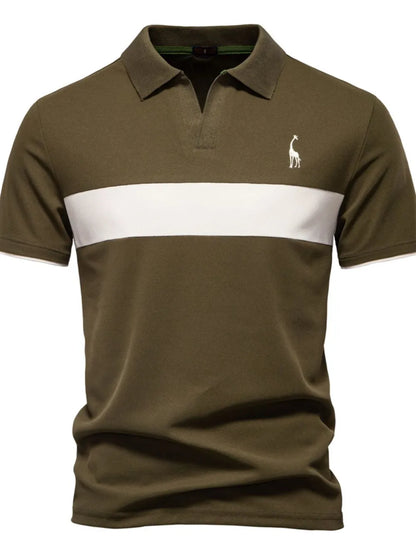 Green polo shirt with a white stripe and logo on a white background