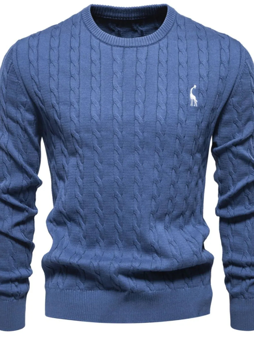 Blue cable knit sweater with a small logo on a white background