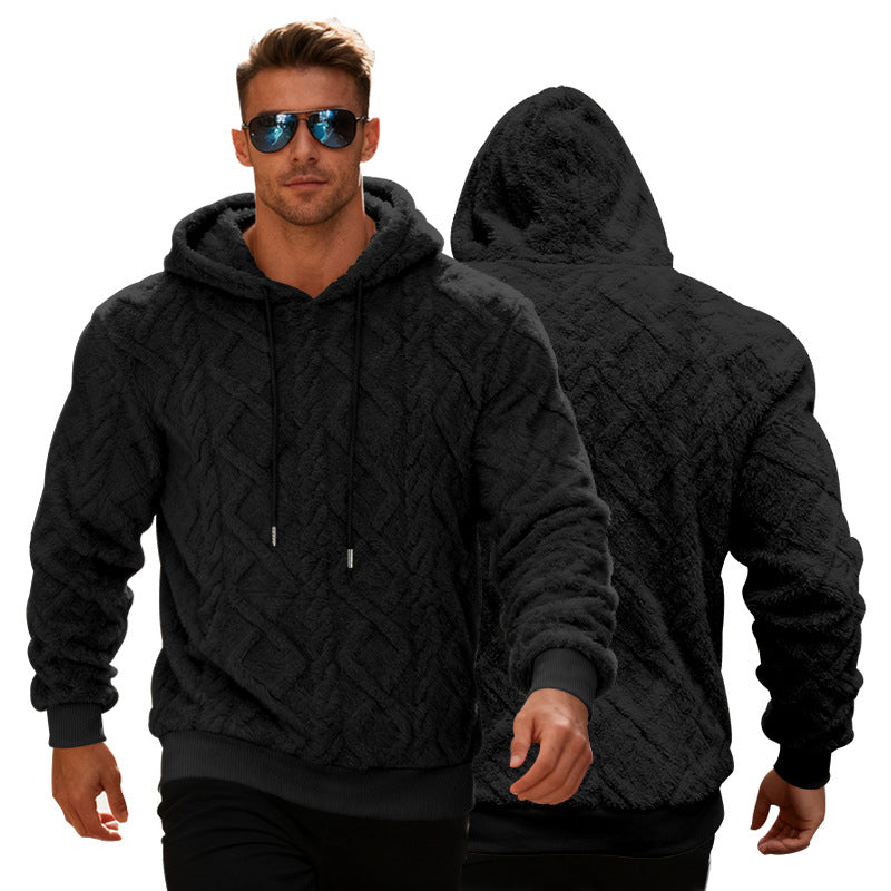 Man wearing a black textured hoodie with front and back views displayed.