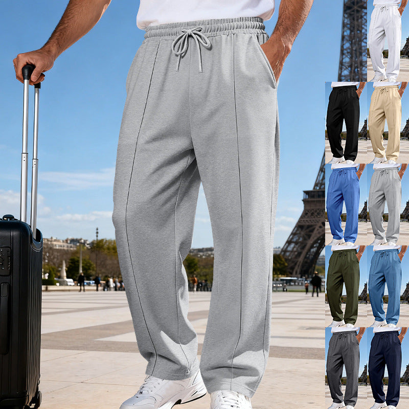 Person wearing gray sweatpants with an Eiffel Tower in the background, surrounded by multiple images of the same person in different colored pants.