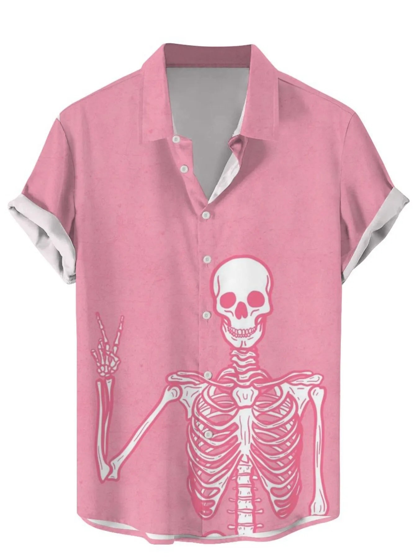 Pink shirt with a white skeleton design on a white background