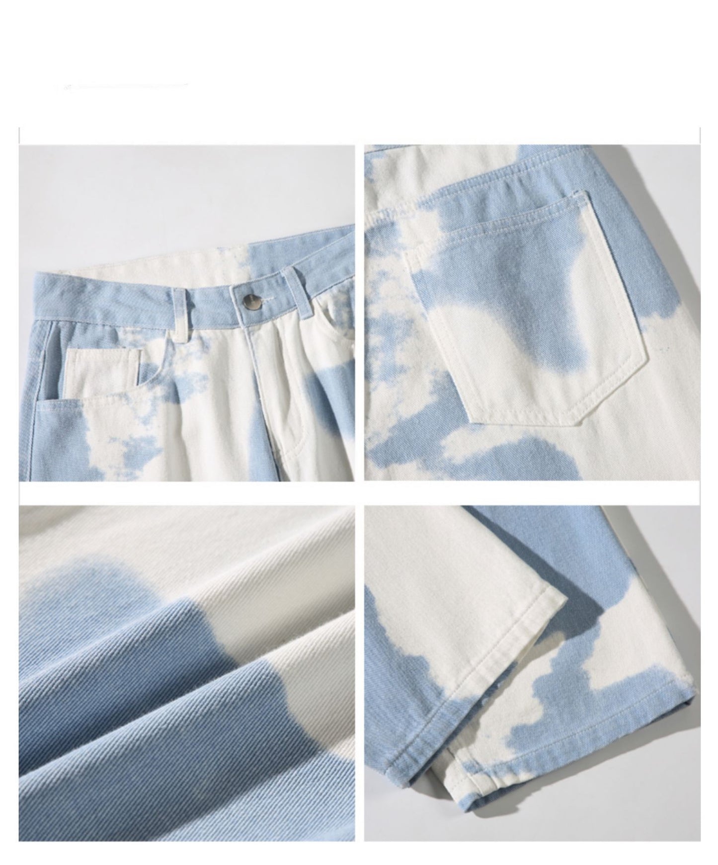 Collage of denim shorts with blue and white tie-dye pattern on a light gray background