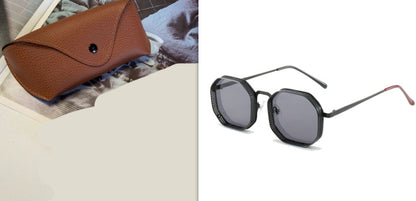 Brown sunglasses case and black sunglasses on a white background