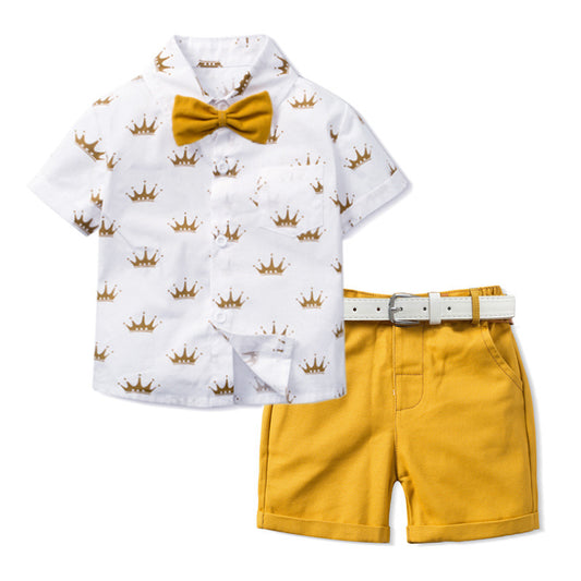Crown Print Shirt & Solid Shorts Set for Boys