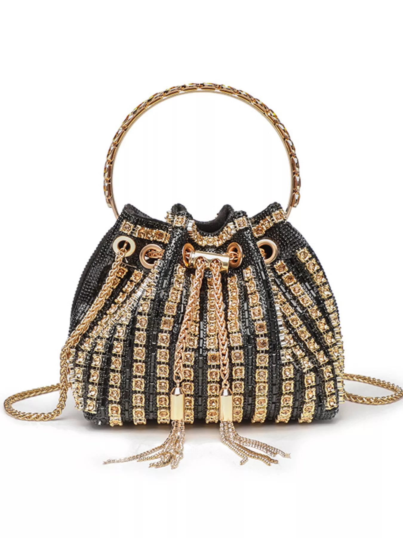 Black and gold beaded handbag with a chain strap on a white background