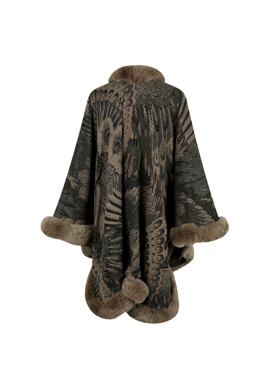 Fur coat with intricate pattern and fur trim on a white background