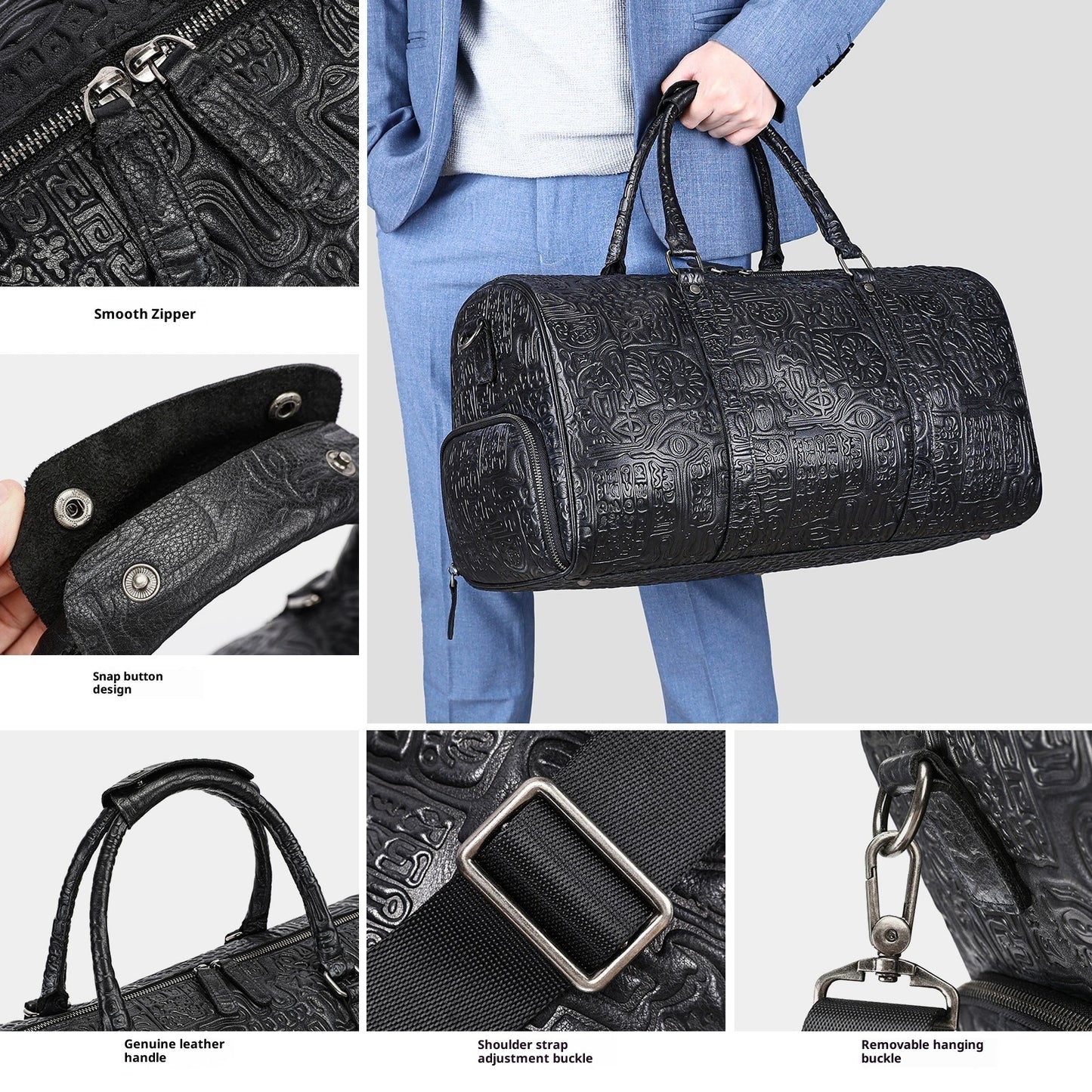 Black leather duffel bag with various features highlighted on a gray background