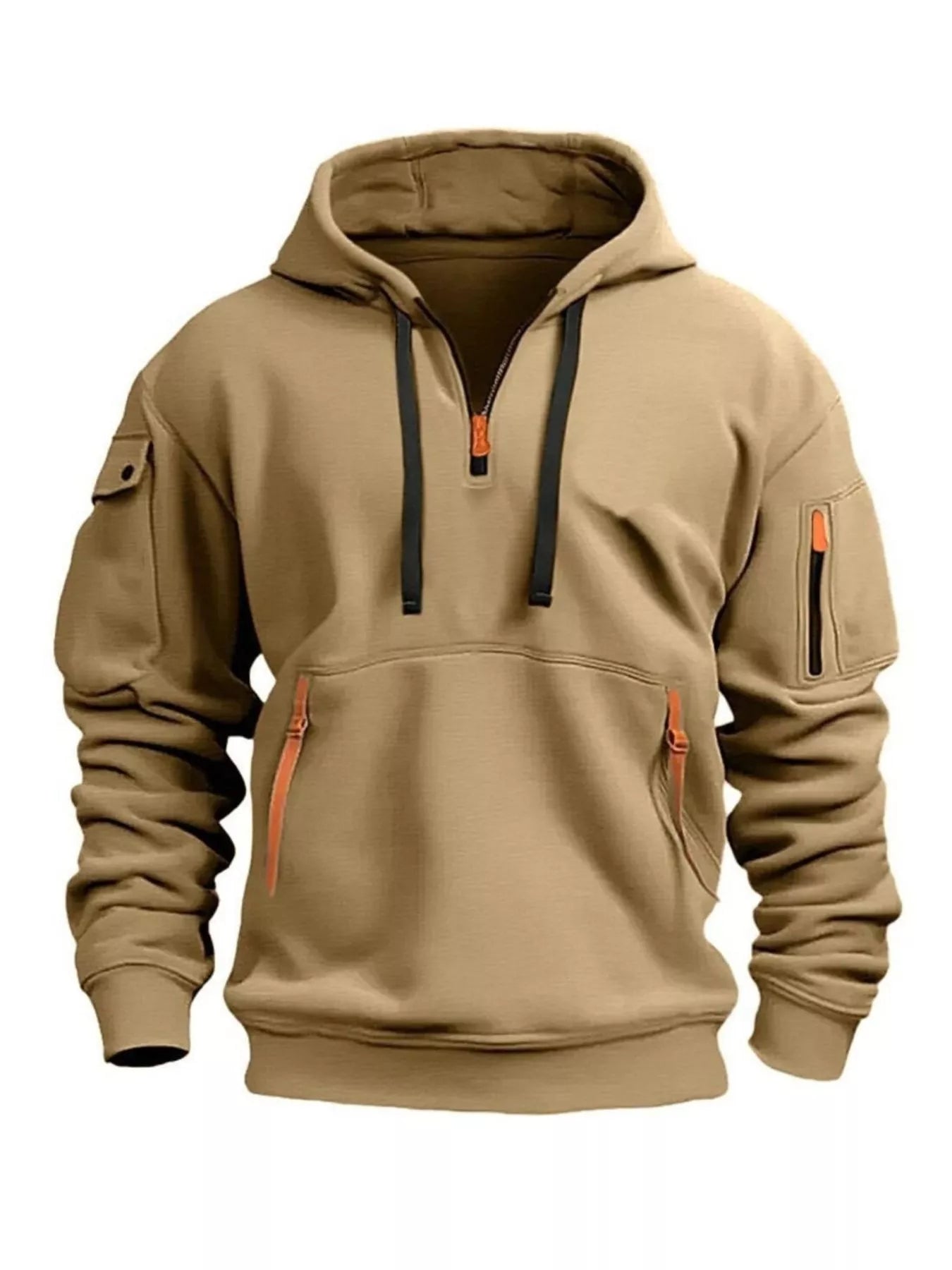 Tan hoodie with zippers on a white background