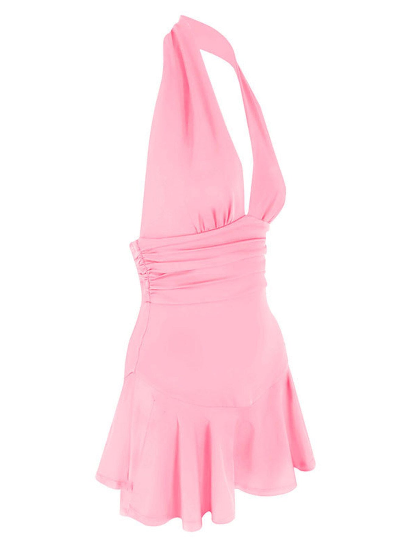 Pink halter neck dress on a white background