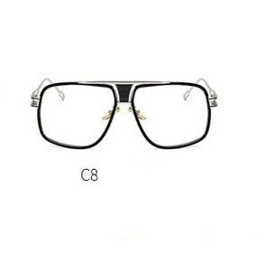 Black eyeglasses with gold accents on a white background