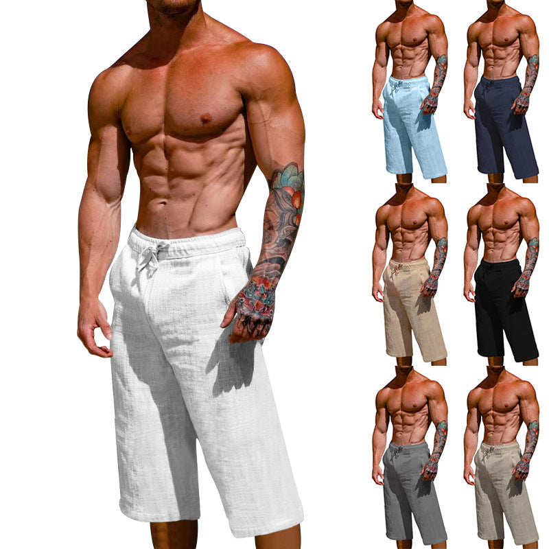 Man wearing white shorts with a collection of other men wearing different colored shorts on a white background.