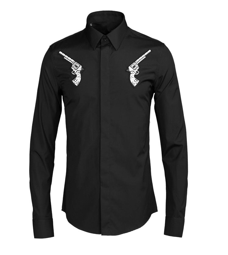 Black shirt with white gun designs on a white background