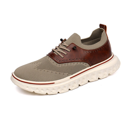 Brown and beige sneaker with white sole on a white background