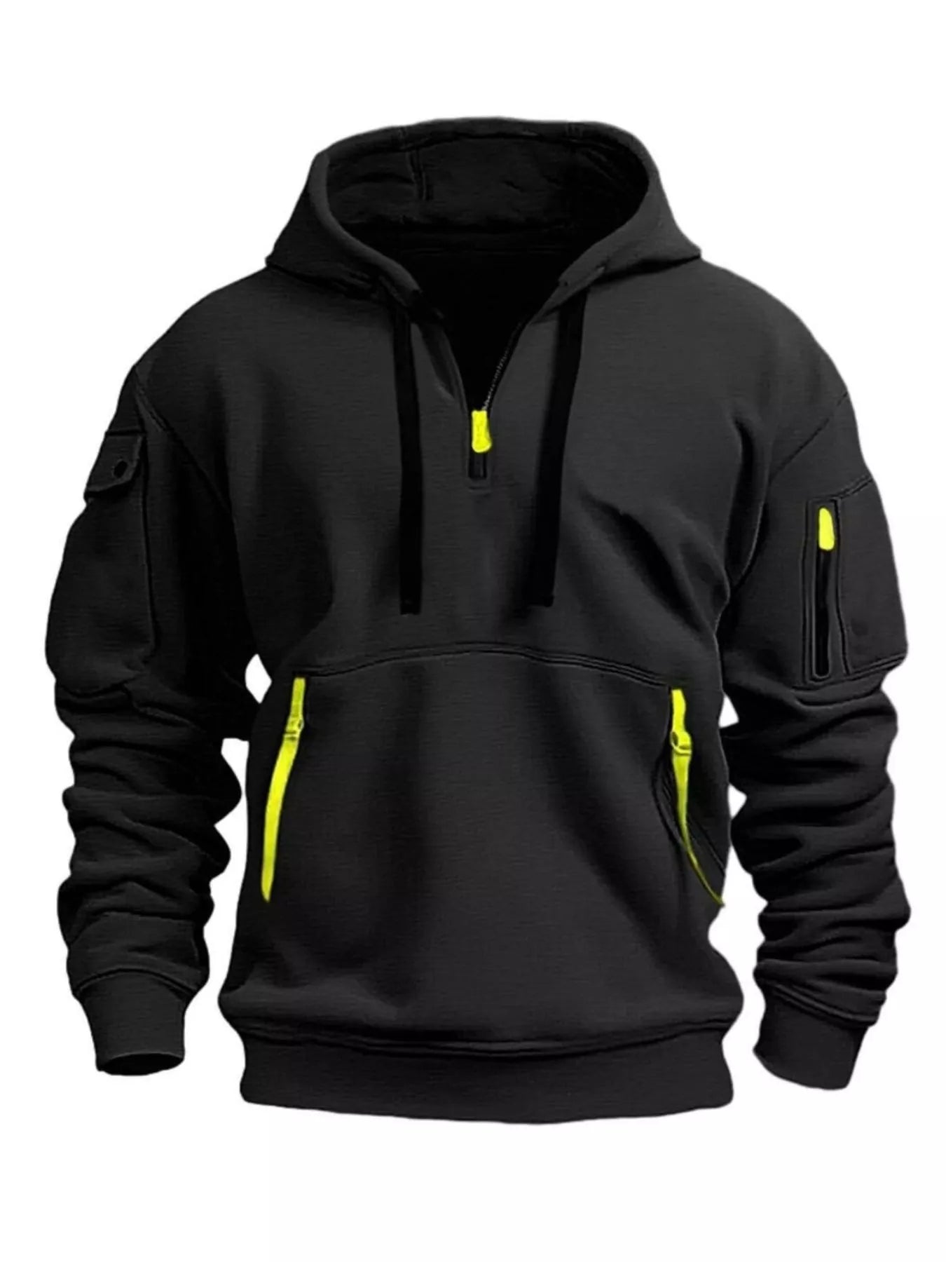 Black hoodie with yellow zippers on a white background