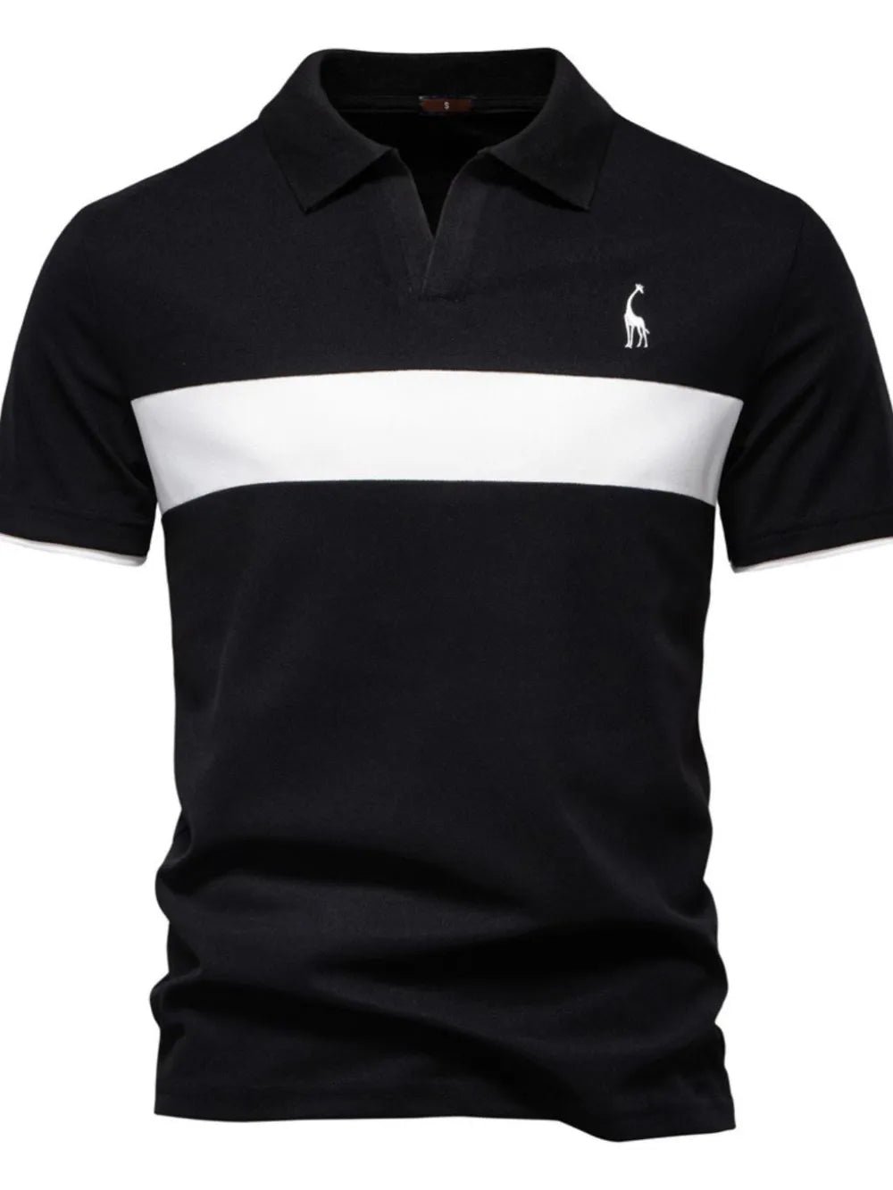Black polo shirt with a white stripe and small logo on a white background