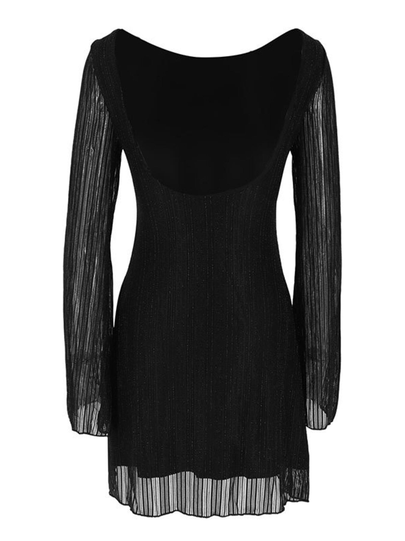 Black dress with sheer long sleeves on a white background