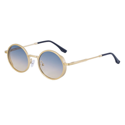 Round sunglasses with gold frame and blue gradient lenses on a white background