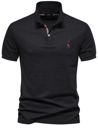 Black polo shirt with a red logo on a white background